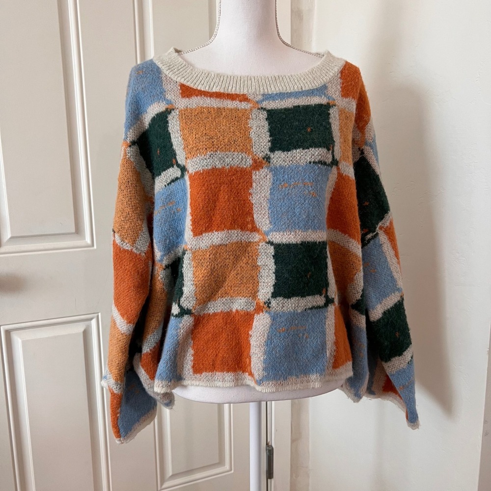 VRG GRL Women Large Checkerboard Knit Sweater Orange Blue Green Wool Blend